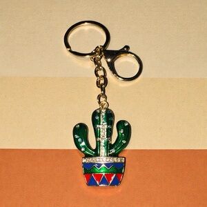 Mint Dark Green Cactus in Gold Tone Keychain